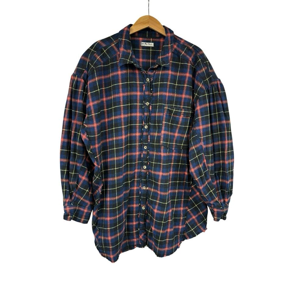 We The Free People Happy Hour Shirt Womens Navy Blue Plaid Flannel Slouchy XL